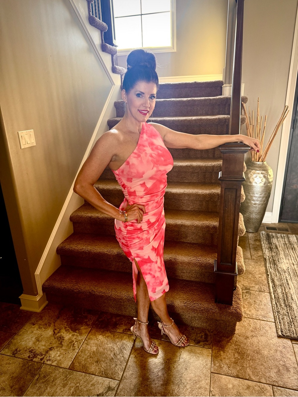 One-Shoulder Pink Tie-Dye Bodycon Dress